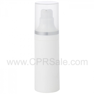 Airless Bottle, Natural Cap with Matte Silver Band, White Pump, White Body, 30 mL